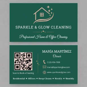 Eco Cleaning Service House Rose Gold QR Code Business Card
