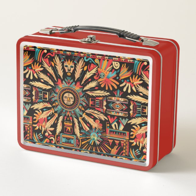Eco-Friendly Red "Aztec Dream" Kids Lunchbox (Front)