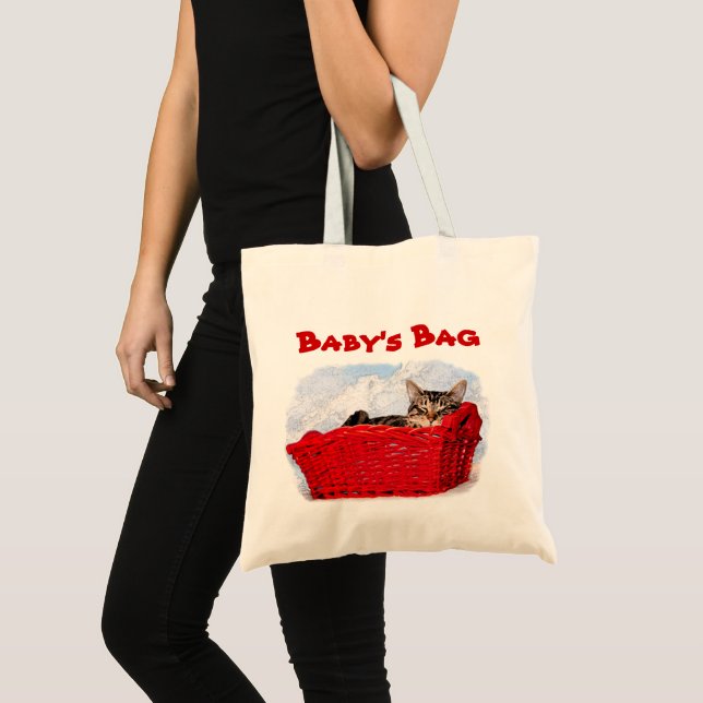 Eco Friendly Reusable Sleeping Kitten Red Basket Tote Bag (Front (Product))