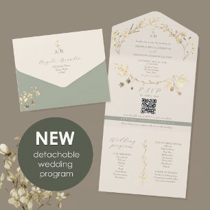 Eco-Friendly Sage Green Gold Wedding All In One Invitation