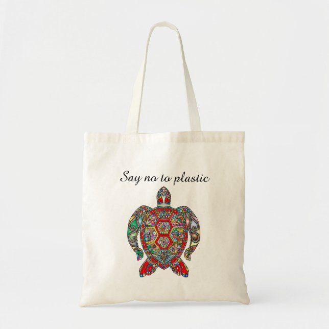 Eco-Friendly Say No to Plastic Reusable Turtle Tote Bag (Front)