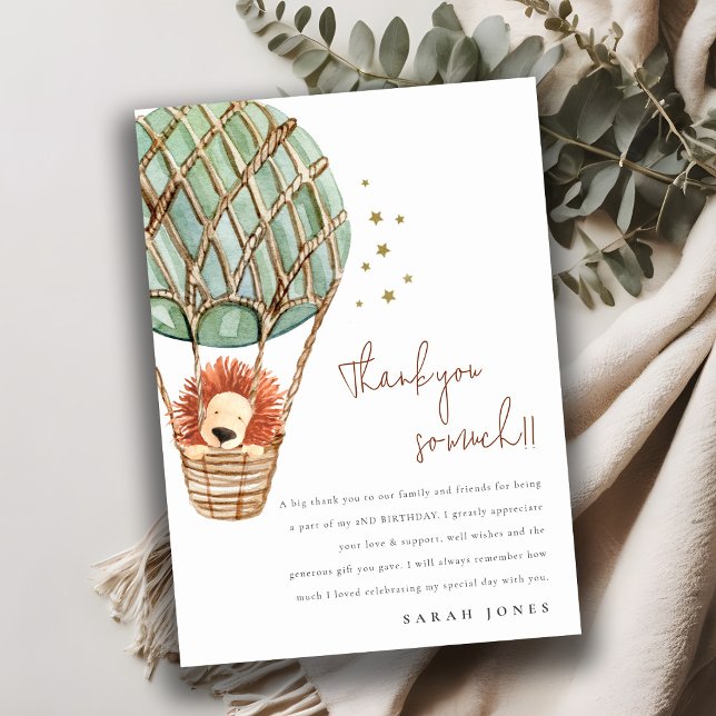 Eco Green Hot Air Balloon Lion Kids Birthday Thank You Card (Creator Uploaded)