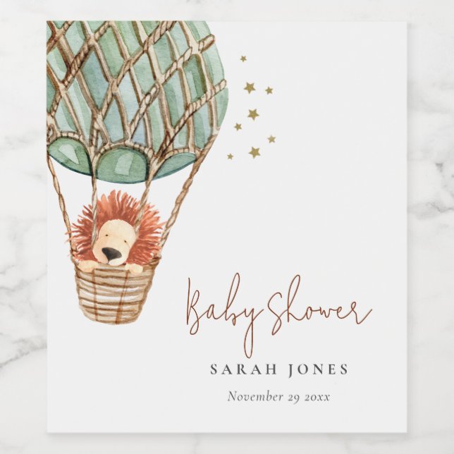 Eco Green Hot Air Balloon Lion Magical Baby Shower Wine Label (Single Label)