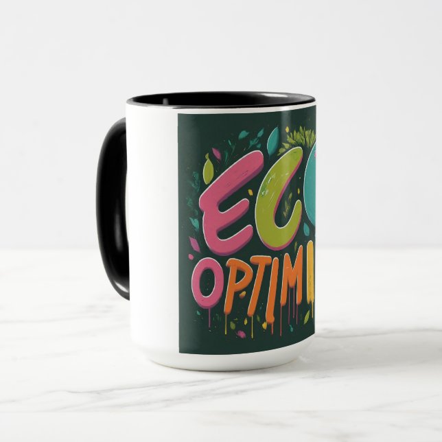 "Eco Optimist: Multi-Coloured Textual Mug Design (Front Left)