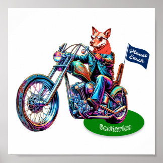 EcoMarlee mascot riding motorbike with flag Poster
