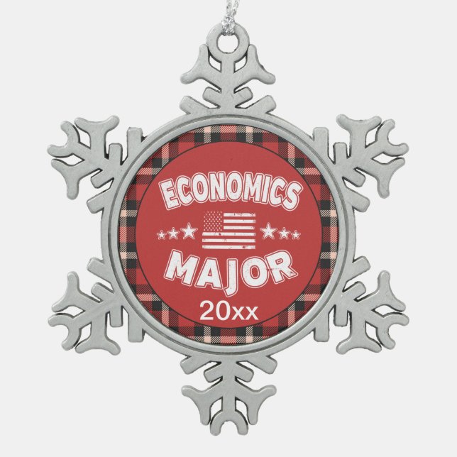 Economics Student USA Flag Red Plaid Snowflake Pewter Christmas Ornament (Front)