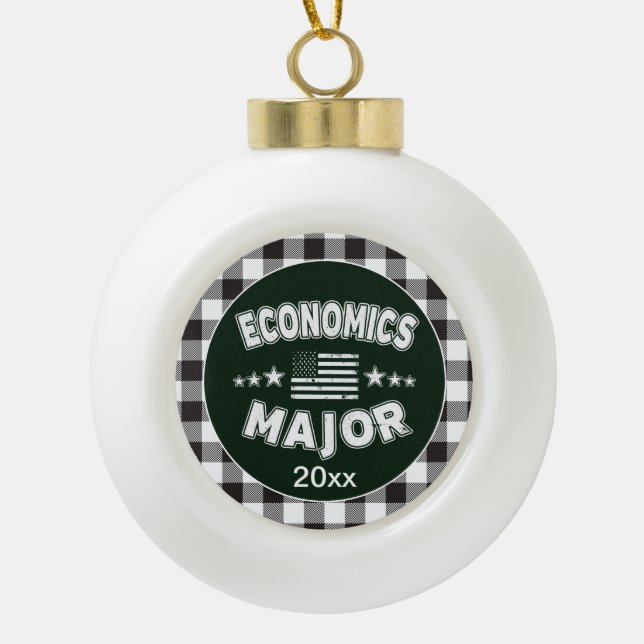 Economics Student White Plaid Ceramic Ball Christmas Ornament (Front)