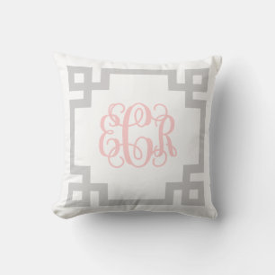 ECR Grey and Pink Greek Key Script Monogram Cushion