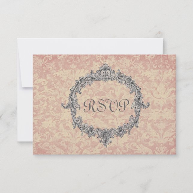 Ecru and Peach Damask RSVP Wedding Response Card (Front)