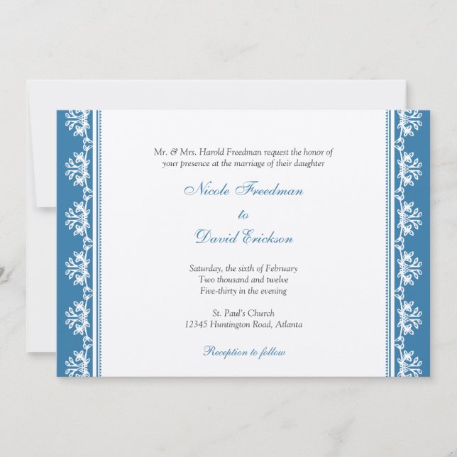 Ecru blue filigree beaded border custom wedding invitation (Front)