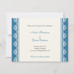 Ecru blue filigree border wedding announcement