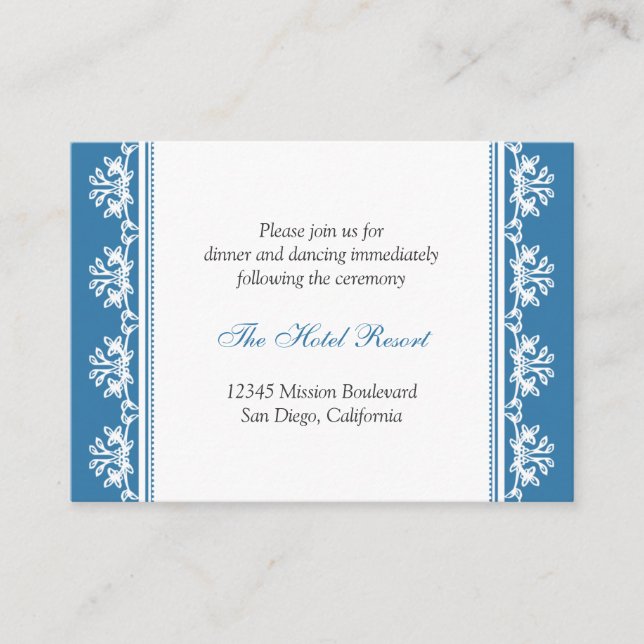Ecru blue filigree wedding reception enclosure card (Front)