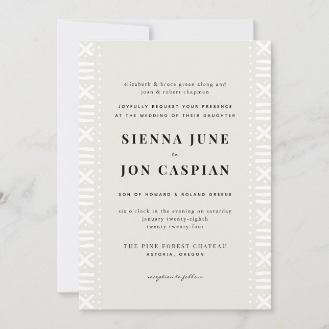 Ecru Boho Mudcloth Border Wedding Invitation (Front)