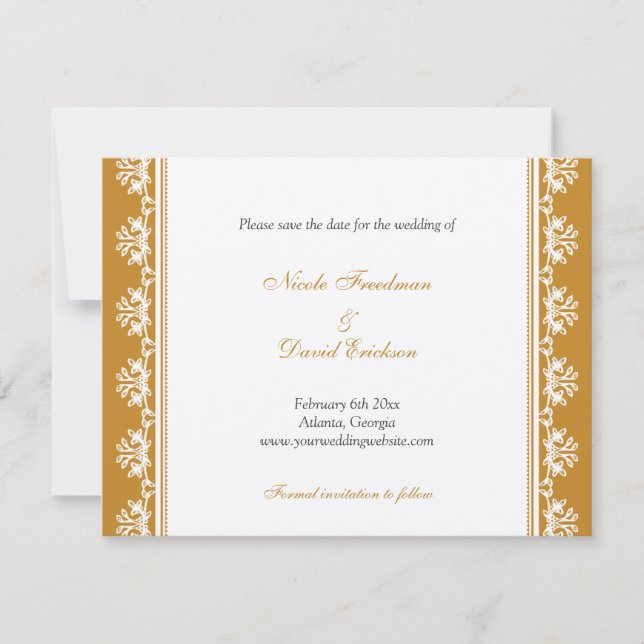 Ecru brown filigree border wedding announcement (Front)
