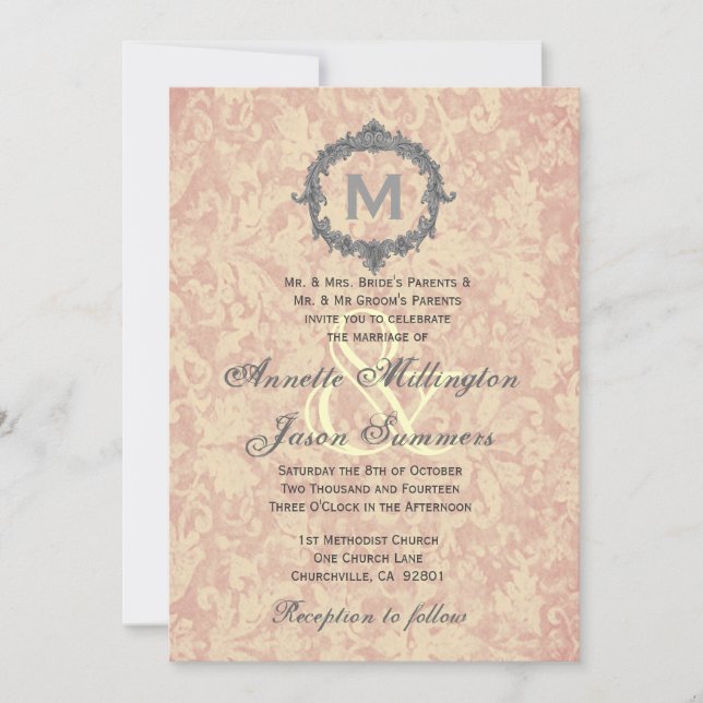 Ecru Damask Silver Vintage Frame Monogram Wedding Invitation (Front)