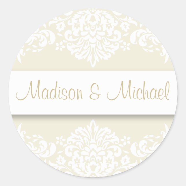 Ecru Damask Wedding Stickers (Front)