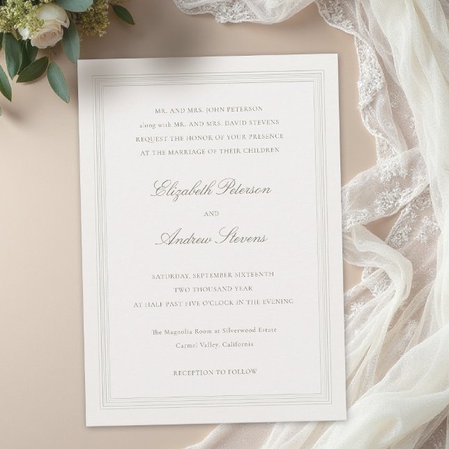 Ecru Formal Romance Classic Triple Frame 2 Wedding Invitation (formal wedding invitation modern classic triple frame faux embossed black tie ballroom ecru subtle)