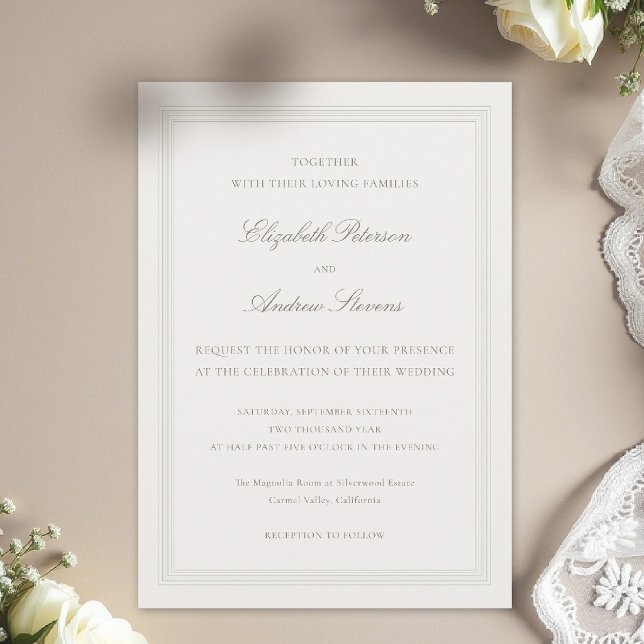 Ecru Formal Romance Modern Classic Triple  Wedding Invitation (formal wedding invitation modern classic triple frame faux embossed black tie ecru couple host)