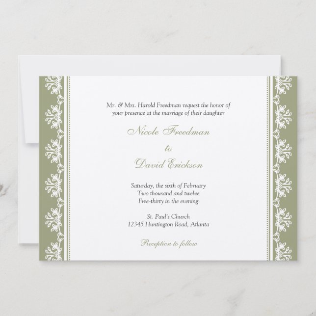 Ecru green filigree beaded border custom wedding invitation (Front)