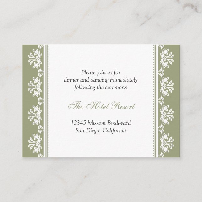 Ecru green filigree wedding reception enclosure card (Front)