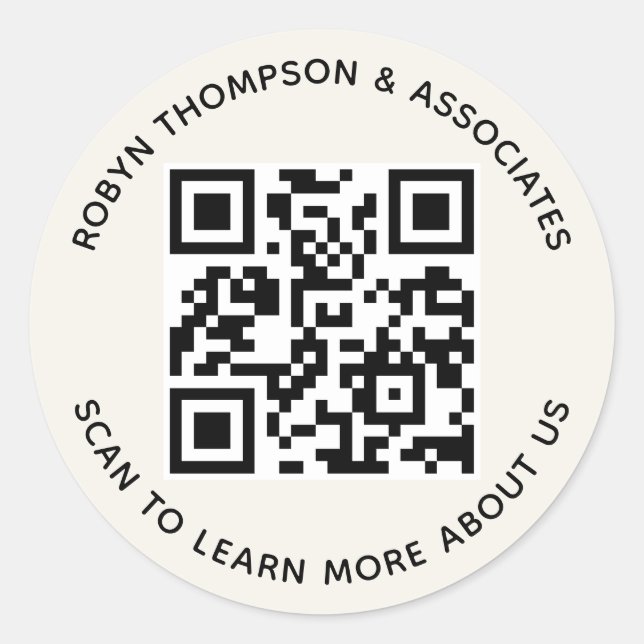 Ecru QR Code Stickers Custom Business Name Round (Front)