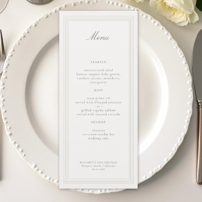 Ecru Triple Formal Elegant Modern Classic Wedding Menu (formal wedding menu modern classic triple frame faux embossed black tie ecru traditional)