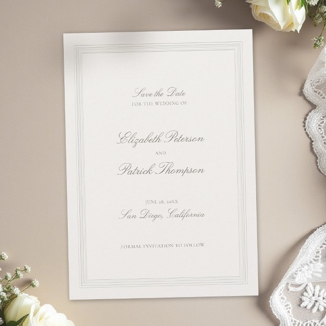 Ecru Triple Formal Elegant Modern Classic Wedding Save The Date (formal wedding save the date modern classic triple frame faux embossed black tie ecru traditional)