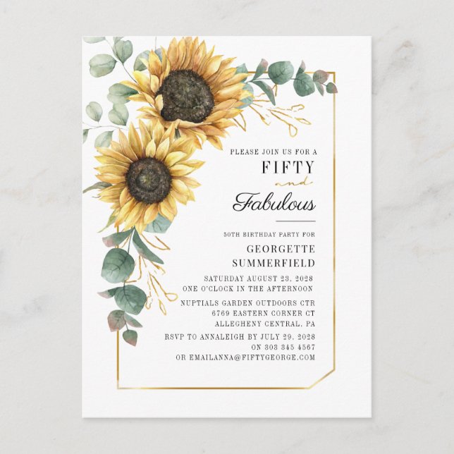 Ecualyptus 50th Fabulous Sunflower Floral Birthday Invitation Postcard (Front)