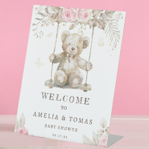 eddy Bear Pink Floral Baby Shower Welcome Pedestal Sign