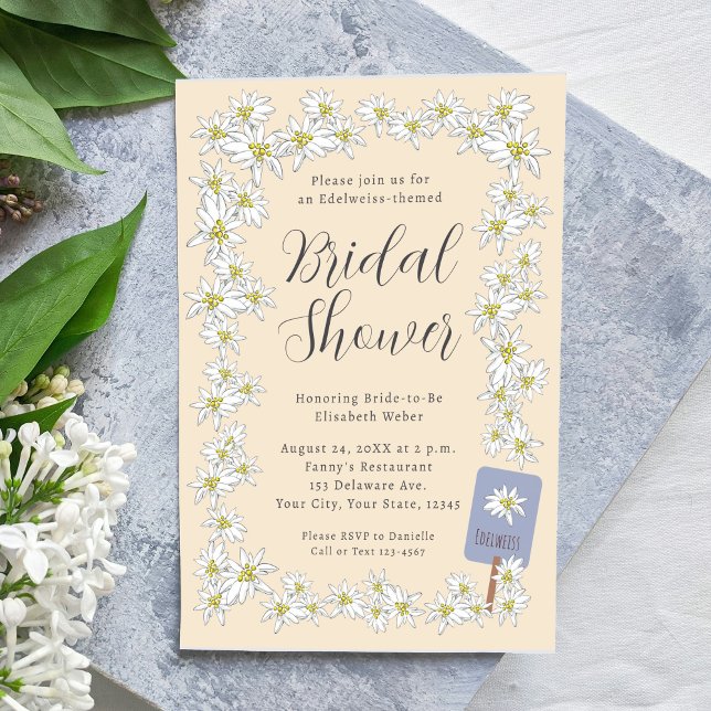 Edelweiss Alps Wildflower Champagne Bridal Shower Invitation (This Edelweiss themed bridal shower invitation features my hand-drawn border of Alpine wildflowers.)