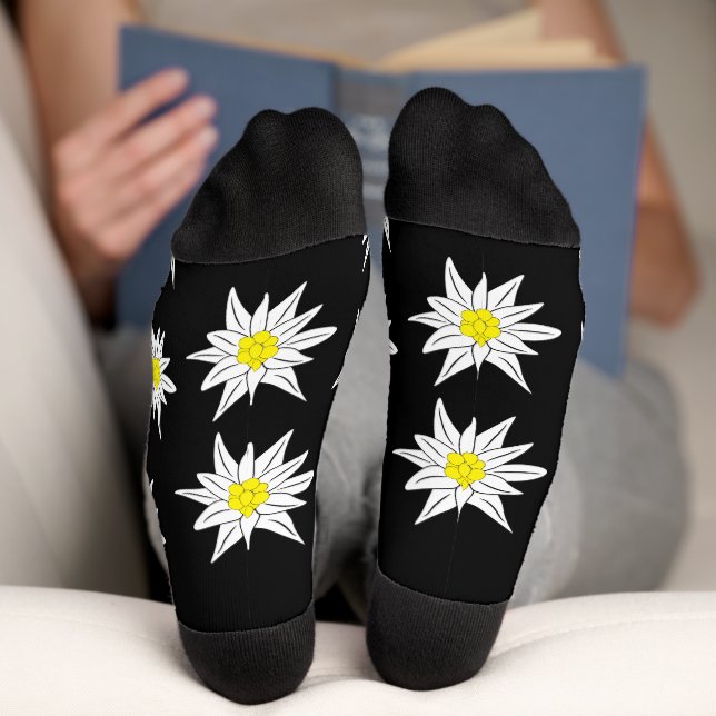 Edelweiss Doodle Flowers Black Crew Socks (Bottom)