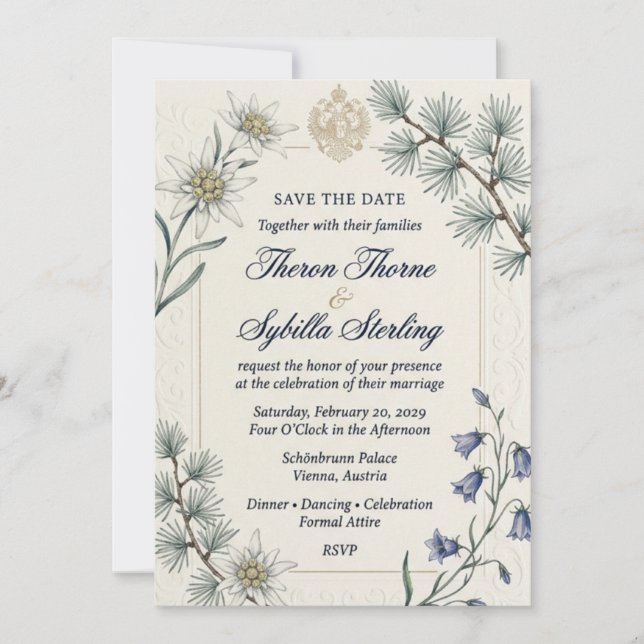 Edelweiss Flowers, Pine Needles, Bluebells, Imperi Invitation (Front)