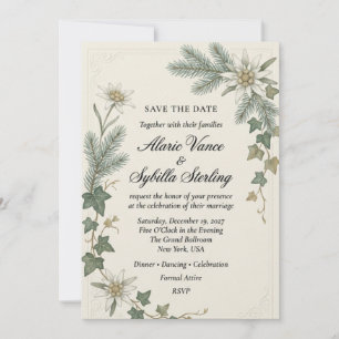 Edelweiss Flowers, Pine Needles, Ivy Leaves, Embos Invitation