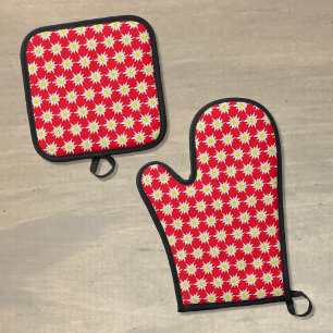 Edelweiss Pattern Red Oven Mitt and Pot Holder Set
