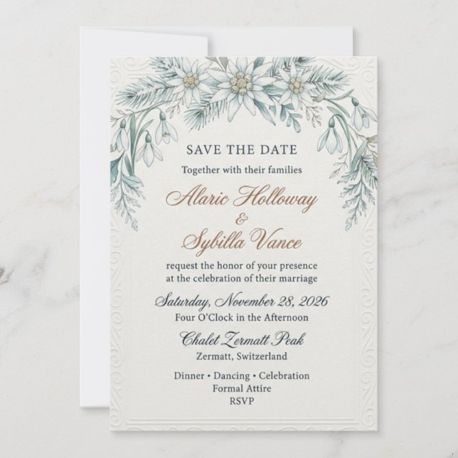 Edelweiss, Snowdrops, Pine Needles, Embossed Borde Invitation (Front)