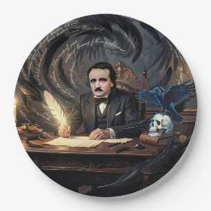 Edgar A. Poe Composing The Raven In Gothic Dreams Paper Plate