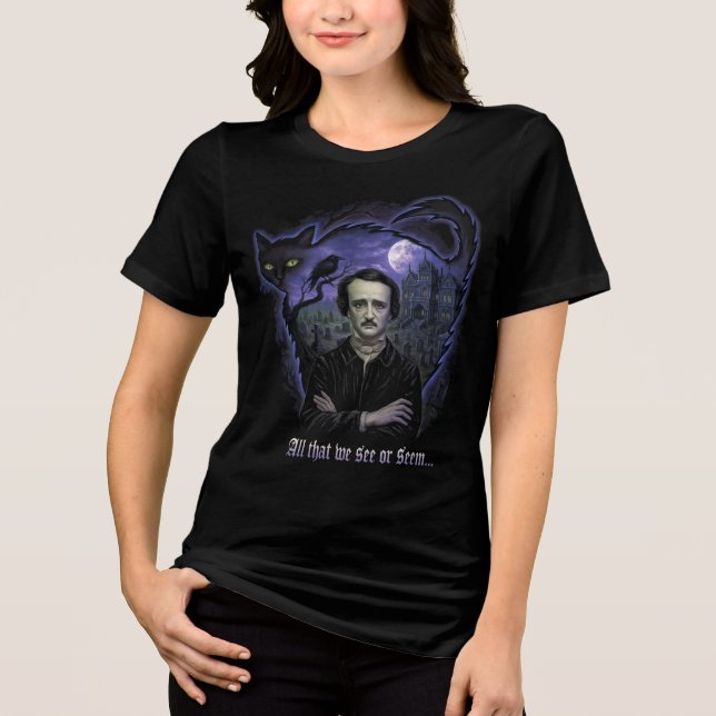 Edgar Allan Poe Gothic Womens Tee – Raven & Cat (Front)