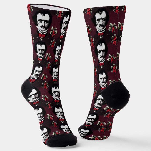 Edgar Allan Poe & Holly-Jolly Mistletoe Goth Socks (Angled)