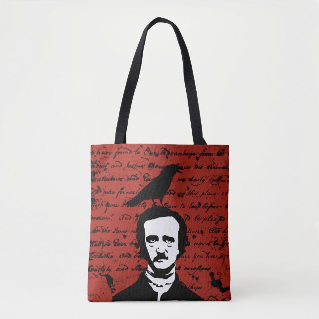 Edgar Allan Poe with Black Raven on Red Tote Bag (Front)
