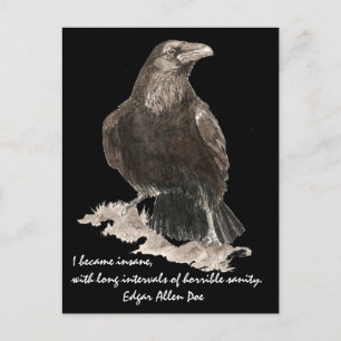 Edgar Allen Poe Insanity Quote Watercolor Raven Postcard