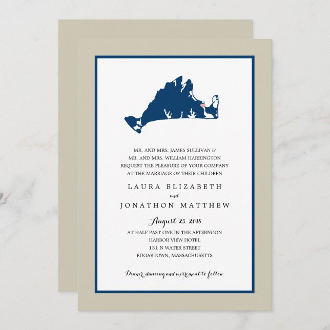 EDGARTOWN Marthas Vineyard Blue Map | Wedding Invitation (Front/Back)