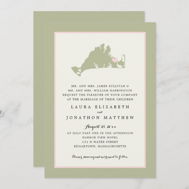 EDGARTOWN Marthas Vineyard Pink Map Wedding Invitation (Front/Back)