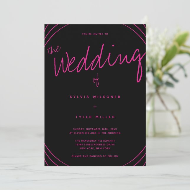 Edge Line Black and Pink Wedding Invitation (Standing Front)