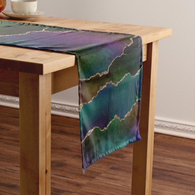 Edgy Agate | Dark Moody Jewel Tone Mystic Teal Short Table Runner (In Situ)