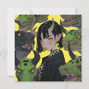 Edgy Anime Girl with Dinosaurs Invitation