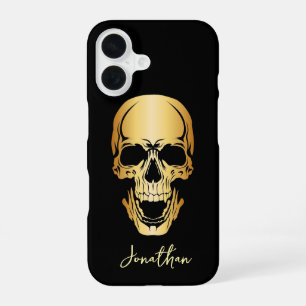 Edgy Black & Gold Skull Pattern Custom Name iPhone 16 Case