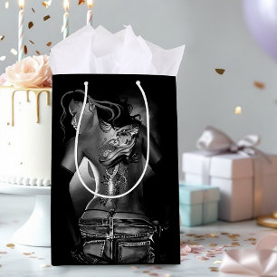 Edgy Black White Tattooed Dragon Woman Medium Gift Bag