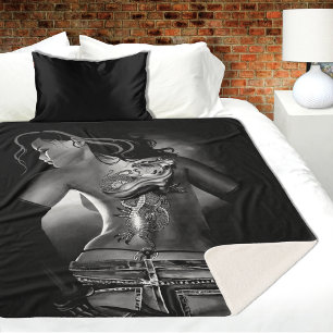 Edgy Black White Tattooed Dragon Woman Sherpa Blanket