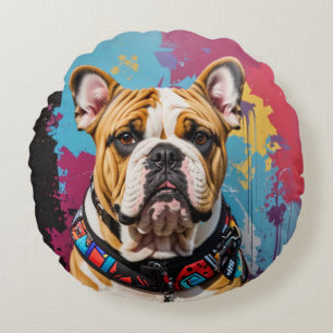 Edgy Bulldog Grunge Background Round Cushion