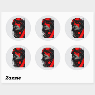 Edgy Cyberpunk Dystopian Girl Red Target Classic Round Sticker